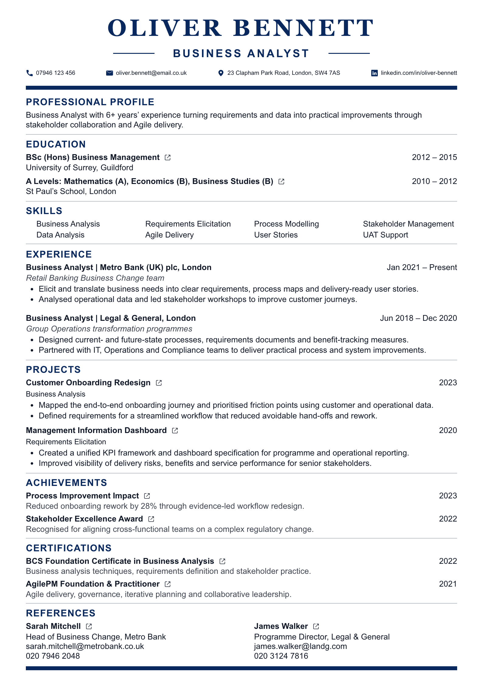 UK Business Analyst CV template preview
