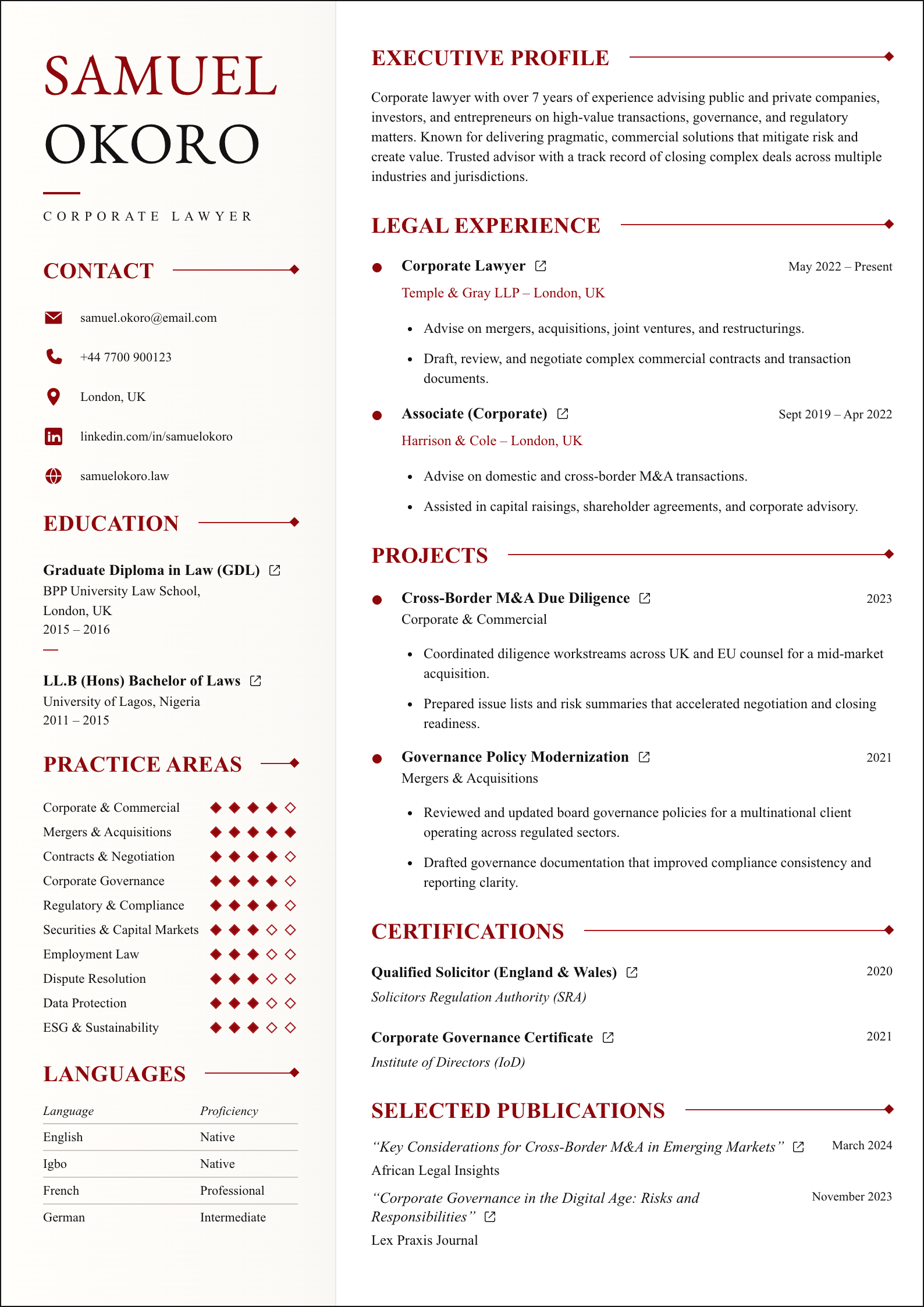 Corporate Counsel CV template preview