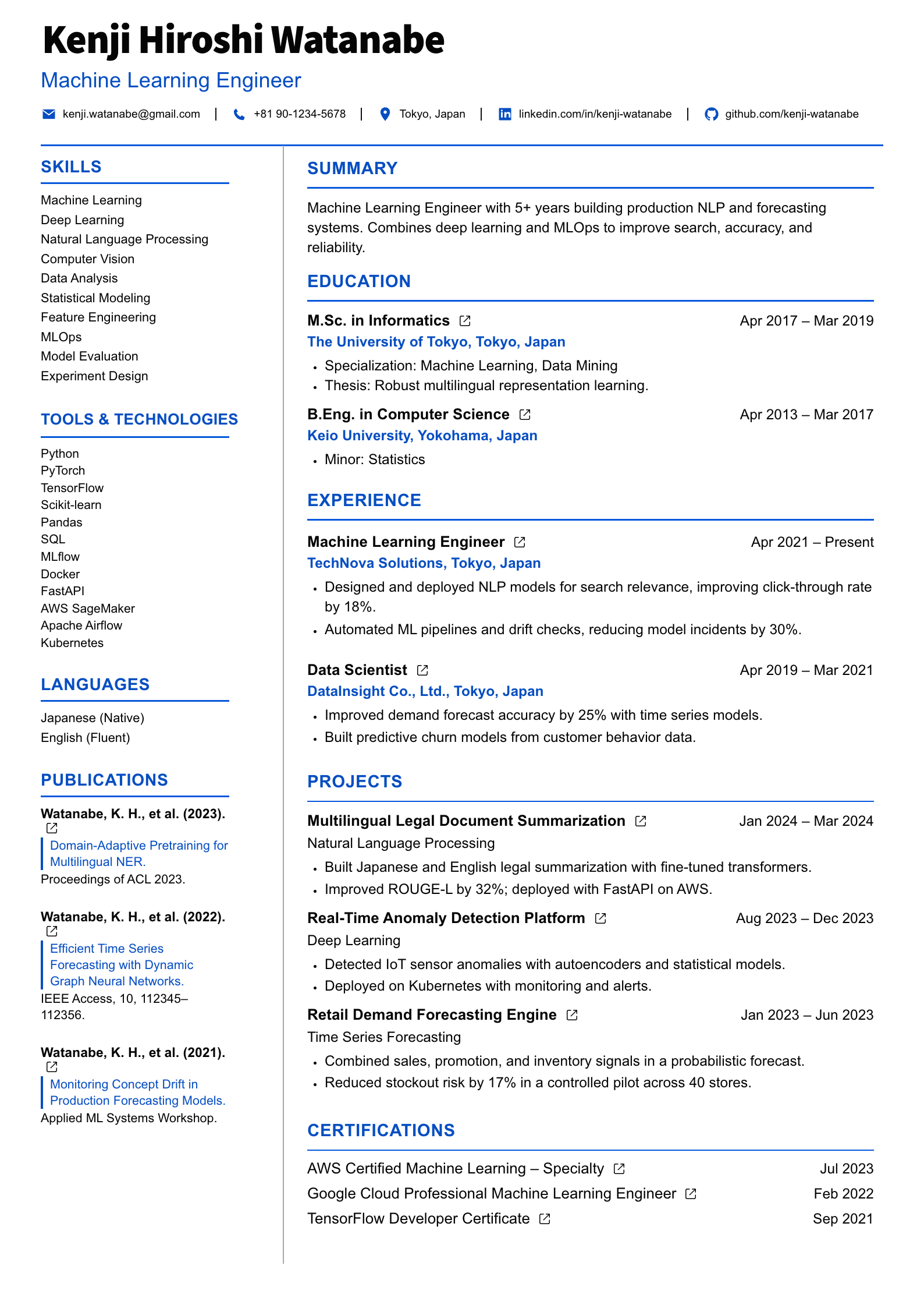 Machine Learning Engineer CV template preview