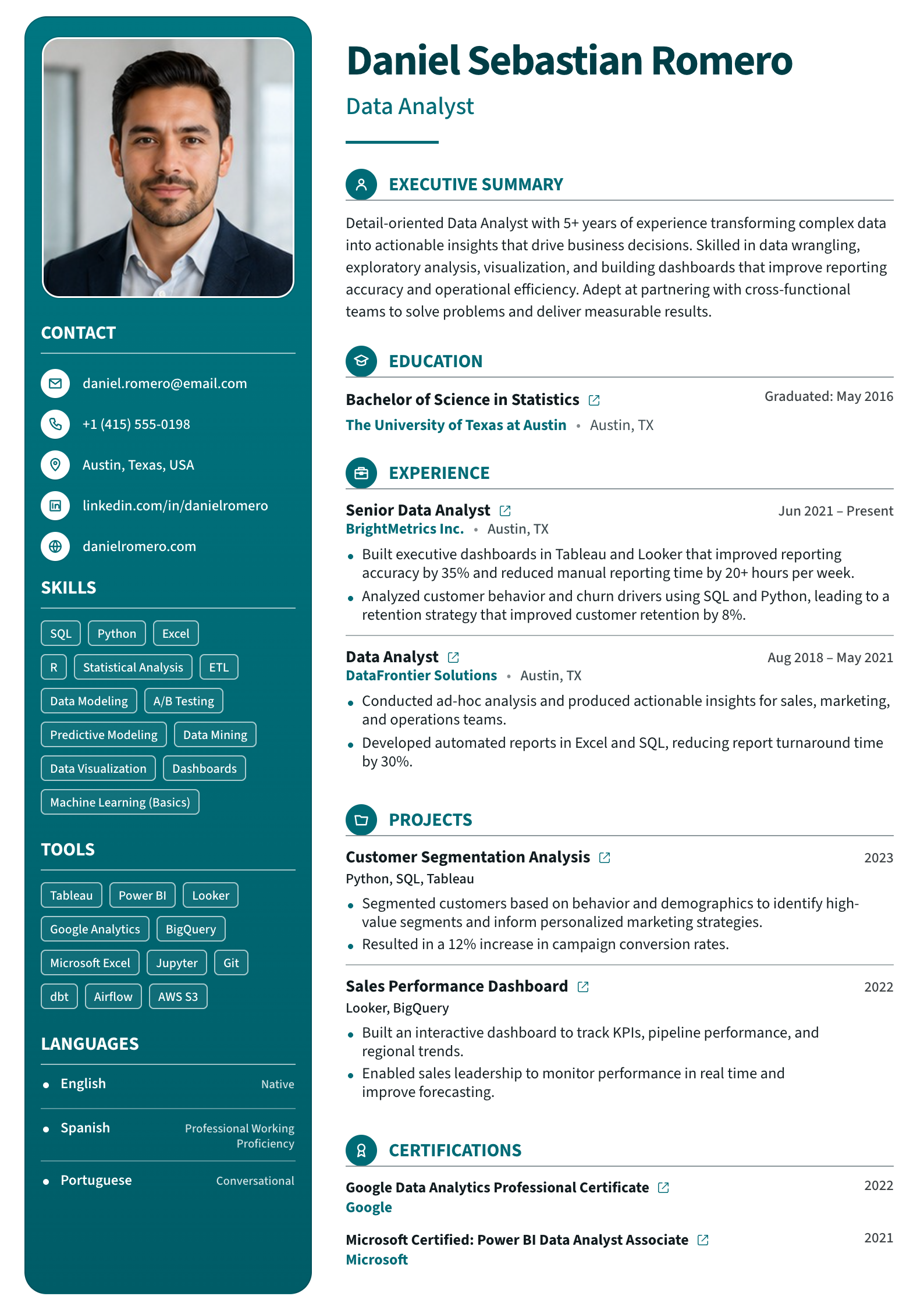 Teal Data Analyst ATS CV template preview