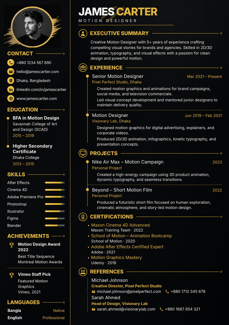 Black Gold Motion Designer CV template